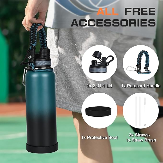 40 oz Insulated Water Bottle with Straw& Spout 2-in-1 Lid, Triple Wall Vacuum Stainless Steel Cold 48H, Leak Proof Sports Metal Flask Jug with Paracord Handle, Indigo Black