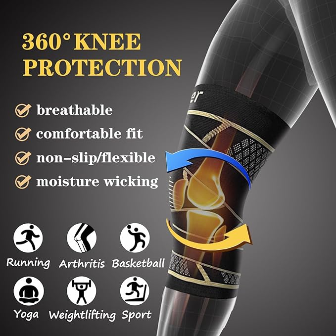 Copper Knee Braces with Strap for Knee Pain Women and Men(2 Pack), Knee Compression Sleeve for Arthritis, ACL, Meniscus Tear, Joint Pain Relief, Knee Support for Working, Running, Weightlifting(S)