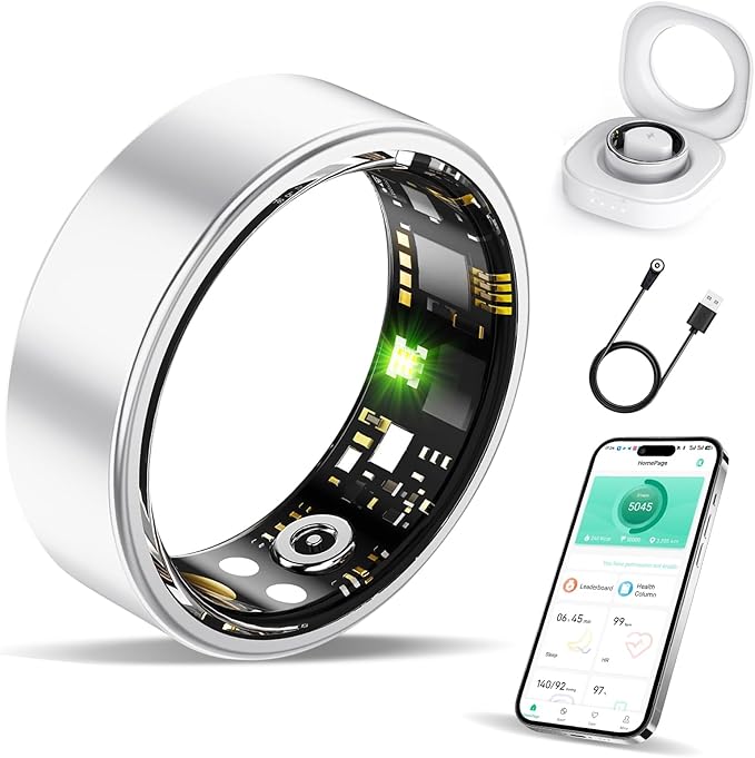 Smart Ring Health Tracker, Fitness Sleep and Heart Rate Monitor Smart Ring, Waterproof Bluetooth Fitness Tracker Ring IPX68 Waterproof (Silver, 12)