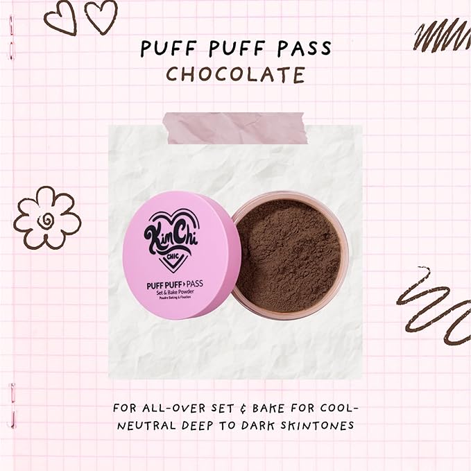Kimchi Chic Beauty Puff Puff Pass Set and Bake Setting Powder for Makeup, Extra Fluffy Loose Face Powder Poof, Soft Natural Face Makeup for Uneven Skin Tone, 08 Chocolate