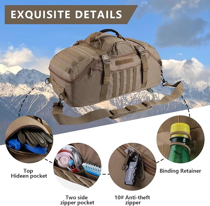 65L Large Duffle Bag, 3-in-1 Tactical Backpack MOLLE Pack for Sports, Gym, Outdoor, Coyote