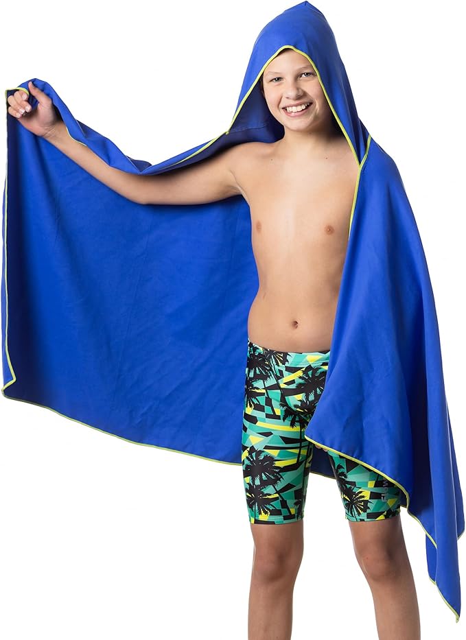 Flow Hydro Sport Towel - Microfiber Quick Dry Swimming Towels for Swim, Pool, Triathlon, and Other Water Sports in Medium, Large, Extra Large, and Hooded Sizes (Blue, Large w/Hood)