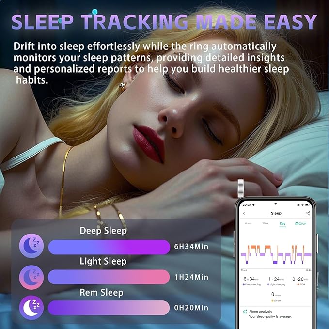 Smart Ring Health Tracker, Fitness Tracker Ring for Women Men, Monitoring of Pedometer, SpO2, Sleep Quality, Heart Rate, No Subscription Fee, Sport Rings for iOS & Android (Silver, 7)