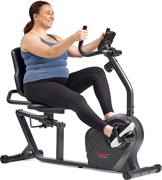 Sunny Health & Fitness Smart Heavy-Duty Recumbent Bike w/Wide Cushioned Seat & Back, Indoor Cycling Machine for Adult/Seniors Home Exercise, Free SunnyFit App Connect, Optional Workout Training Bands