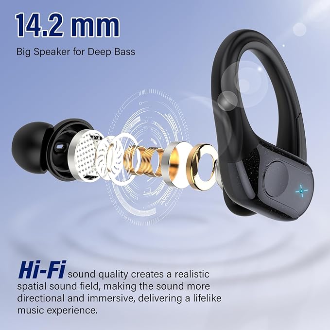 Wireless Earbuds Bluetooth 5.4 Headphones Sports, 75H Stereo Deep Bass Over Ear Buds with Earhooks, Bluetooth Earbuds with 4 ENC Mic, LED Display, IP7 Waterproof Earphone for Running, Black