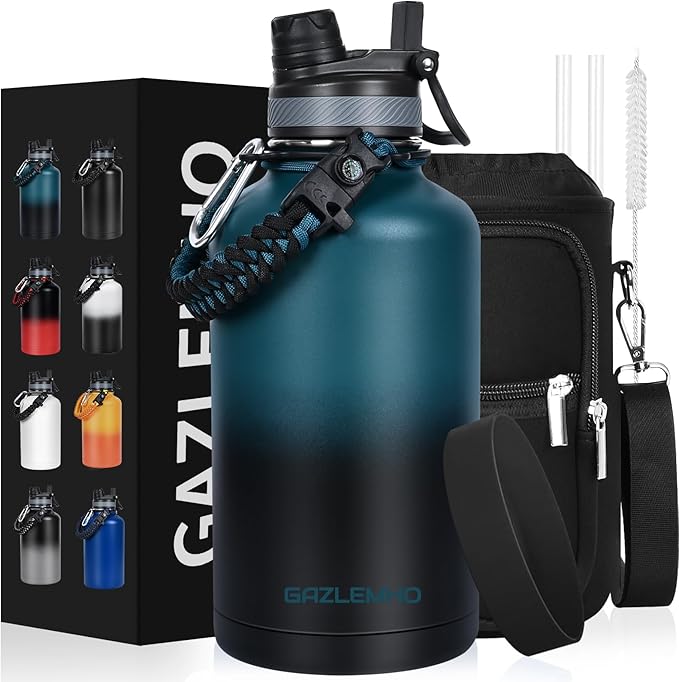 Insulated Water Bottle 64 oz, Half Gallon Water Jug Cold 48H, BPA Free Stainless Steel Bottles with Straw/Chug 2-in-1 Lid, Bag, Paracord Handle, Silicone Boot, Sports Gym School Metal Flask