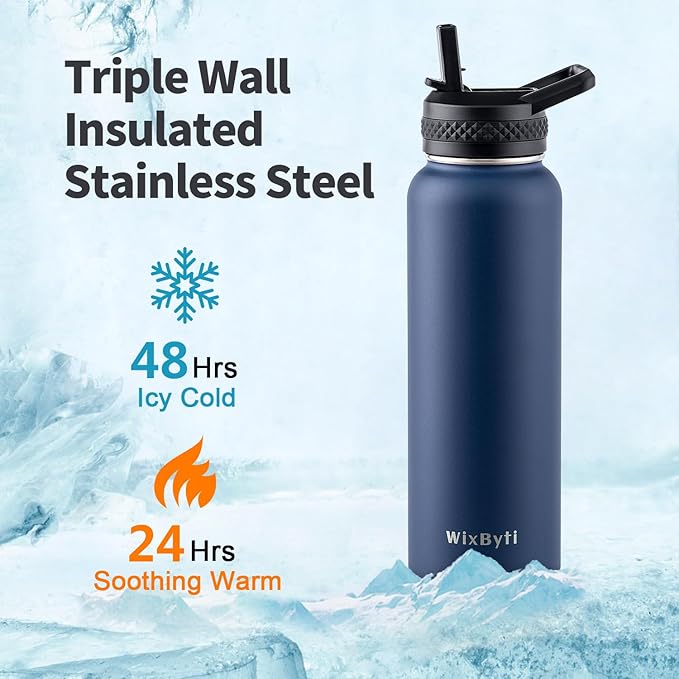 40 oz Insulated Water Bottle with Straw (Cold for 48 Hrs), Stainless Steel Triple Wall Vacuum Sports Water Jug, Leakproof Hydro Cup Flask with Paracord Handle & Straw Spout Lids & DIY Stickers