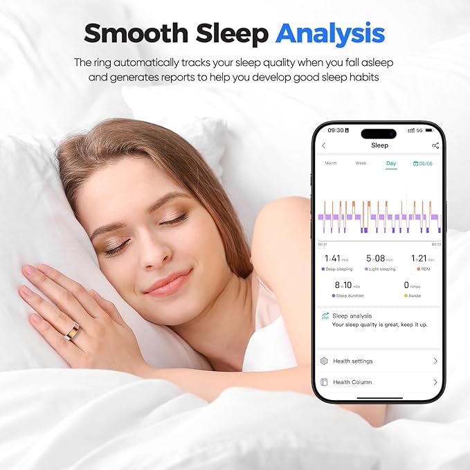 Smart Ring with Sleep Monitoring, No APP Subscription, 10-Day Battery Life, Stress/Heart Rate/Women's Health Tracker, Android & iOS Compatible (Rose Gold, 8)