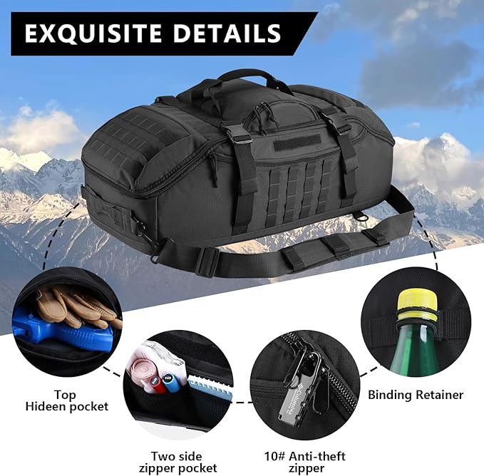 55L Large Duffle Bag, 3-in-1 Tactical Backpack MOLLE Pack for Sports, Gym, Outdoor, Black
