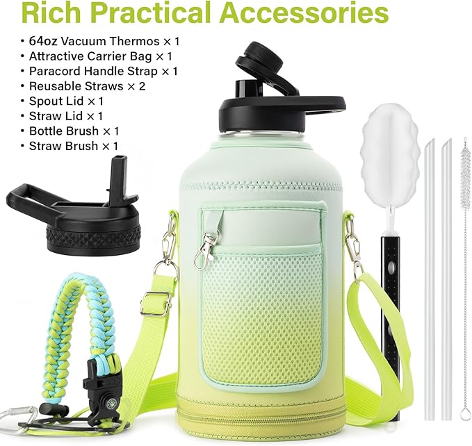Insulated Water Bottle | Thickened Stainless Steel Vacuum Metal | Portable Sports Half Gallon Large Water Jug for Gym and Hiking with Straw, Carrier Bag, Handle Strap | BPA-Free 64 oz
