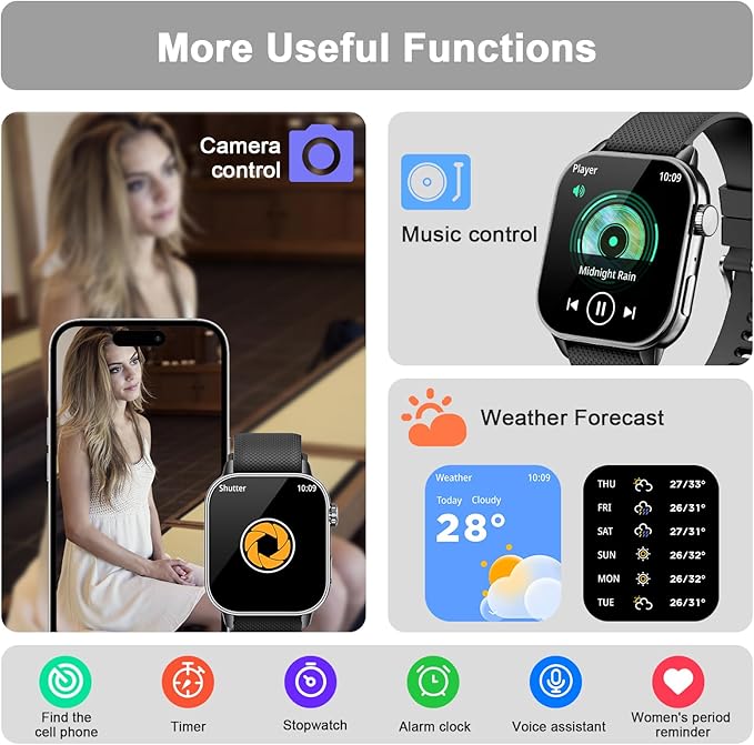 Smart Watches for Men Women, 1.85'' AMOLED HD Fitness Tracker with 100+ Sports Modes, Smartwatches with Bluetooth Call/Heart Rate/Sleep Monitor/Pedometer, IP68 Waterproof Watch for Swimming, Black