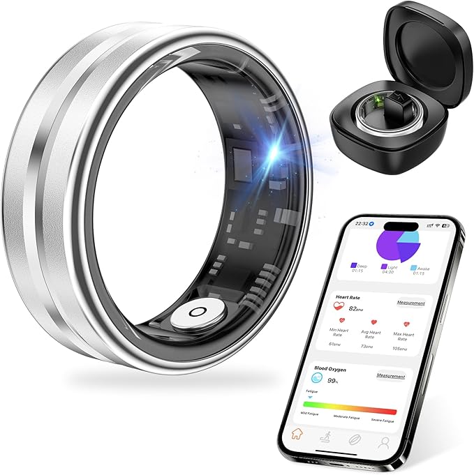 Thin Smart Ring for Fitness & Health Tracking -Heart Rate/Blood Oxygen Monitor, 5ATM Waterproof, Sleep Analysis, Pedometer -No APP Subscription Compatible with Smartphone (Silver, 7)