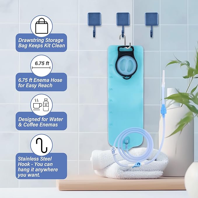 TopQuaFocus 3Qt Home Coffee Enema Bag kit with 6.5FT Silicone Tube Portable Enema Bag for Men Women Colon Cleansing Shower Enemas