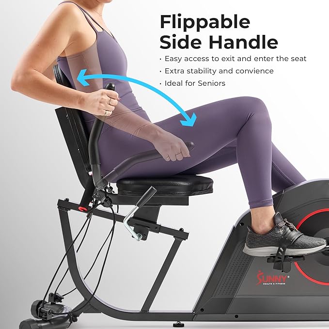 Sunny Health & Fitness Smart Heavy-Duty Recumbent Bike w/Wide Cushioned Seat & Back, Indoor Cycling Machine for Adult/Seniors Home Exercise, Free SunnyFit App Connect, Optional Workout Training Bands