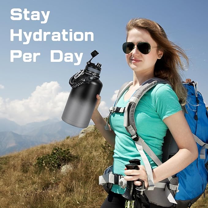 Insulated Water Bottle 64 oz, Half Gallon Water Jug Cold 48H, BPA Free Stainless Steel Bottles with Straw/Chug 2-in-1 Lid, Bag, Paracord Handle, Silicone Boot, Sports Gym School Metal Flask