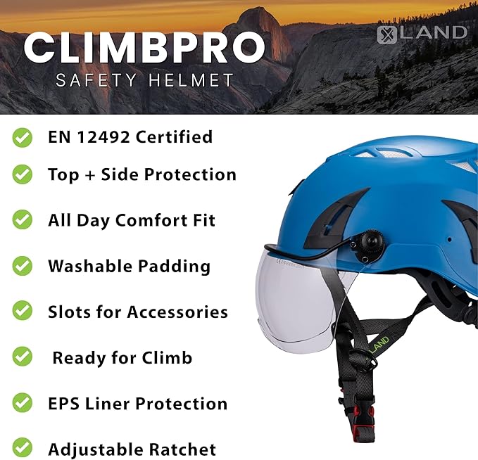 Land Helmets ClimbPro Safety Helmet for Rock Climbing – Lightweight & Durable Hard Shell with Adjustable Chin Strap and Accessory Slots – Ideal for Indoor & Outdoor Adventure