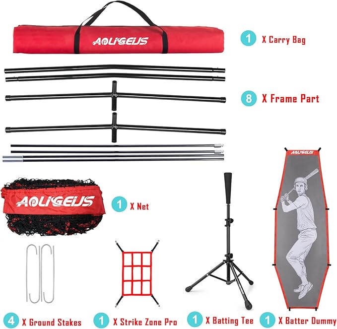 7'X7' Baseball Softball Practice Net,Pitching Net,Batting Net,with Baseball Tee,Bonus Strike Zone and Bow Frame,for Hitting,Pitching, Catching
