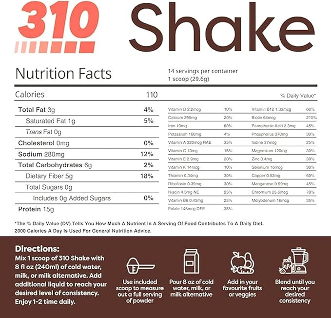 310 Nutrition All-In-One Meal Replacement Shake Powder - Plant-Based Protein Smoothie Blend w/High Fiber, Probiotics & Adaptogens - Low Carb, Vegan, Keto & Paleo Friendly - Peppermint Swirl - 28 Srv