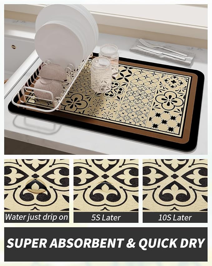 AMOAMI Coffee Mat - Hide Stain Rubber Backed Absorbent Dish Drying Mat for Kitchen Counter - Fits Under Coffee Maker - Khaki 12X19