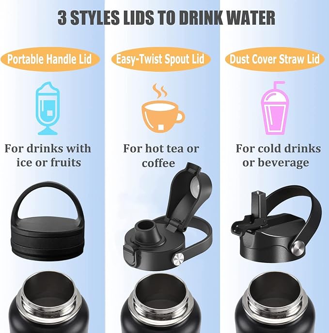 Water Bottle Insulated 32oz 40oz 64oz 128oz Straw Lid Spout Lid & 3 Lids, Leak Proof, Vacuum Insulated,Stainless Steel Water Bottle Wide Mouth for Sports, Gym or Office
