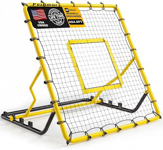 Baseball Rebounder Net,4x4.5FT Multi-Sport Pitch Back Rebounder Steel Frame with 4 Adjustable Angles, 40pcs Bungees Soccer, Volleyball&Lacrosse Trainer for Solo Fielding,Pitching and Reflex Training