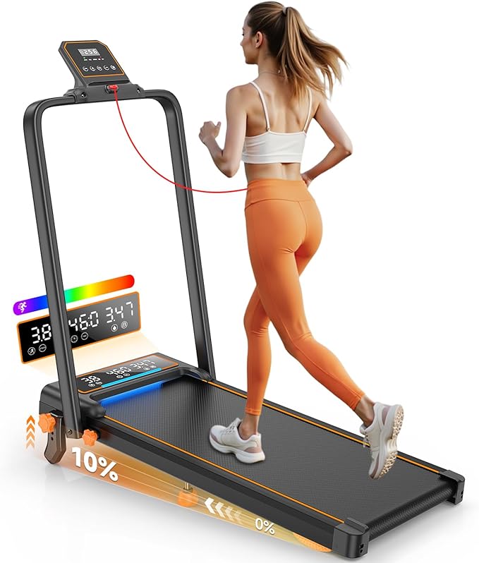 Treadmill Walking Pad with 10% Incline/Handle Bar/2 LED Display, 3.5HP Portable Treadmills for Home Small, Foldable Walking Pad Treadmill 350+lb Capacity, Smart App, 4 Adjustable Incline, RGB Light