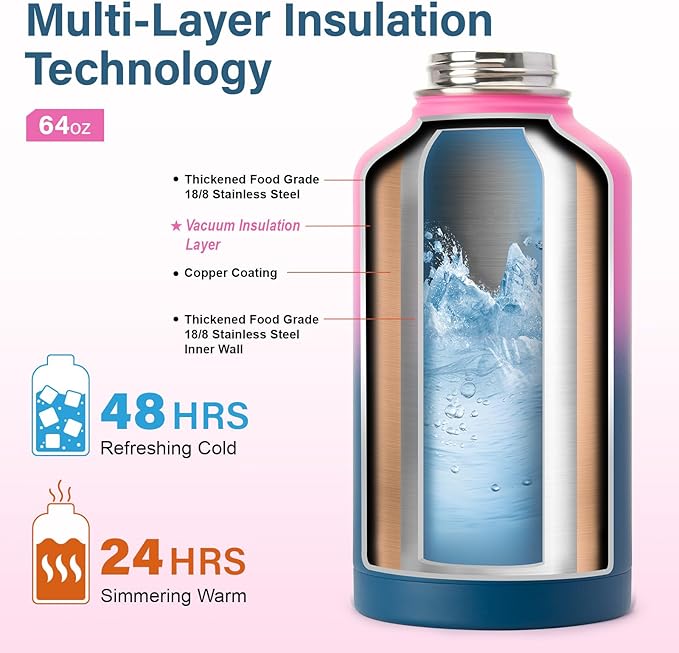 Insulated Water Bottle | Thickened Stainless Steel Vacuum Metal | Portable Sports Half Gallon Large Water Jug for Gym and Hiking with Straw, Carrier Bag, Handle Strap | BPA-Free 64 oz