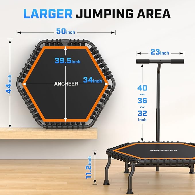 ANCHEER 50" Rebounder Trampoline for Adults With Bar, 550 LBS Mini Trampoline Quiet Exercise Bungee Jumping Cardio Trainer Workout