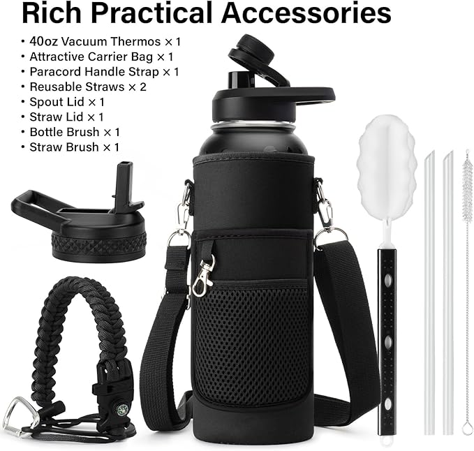 Insulated Water Bottle | Thickened Stainless Steel Vacuum Metal | Portable Sports Water Jug for Gym and Hiking with Straw, Carrier Bag, Handle Strap | BPA-Free 40 oz