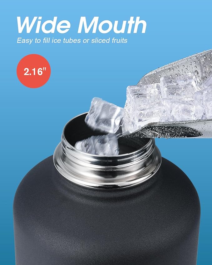 Half Gallon Insulated Water Bottle with Straw & 3 Lids, Coolflask 64 oz Water Jug Large Metal Stainless Steel Wide Mouth for Sports, Gym or Office, Non-BPA Keep Cold 48H Hot 24H, Piano Night