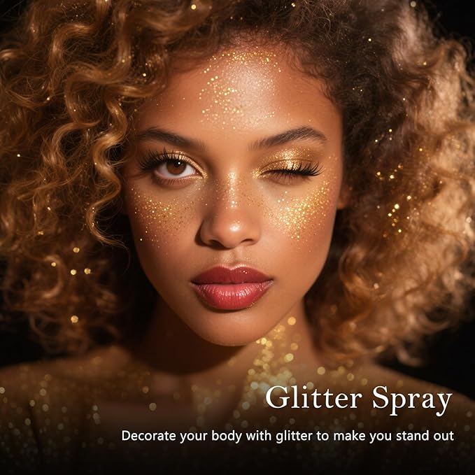Holographic Body Glitter Spray - Shimmering Hair, Face & Body Sparkle for Festivals, Clothes, Nail Art Crafts Design & Special Events Makeup (Gold)