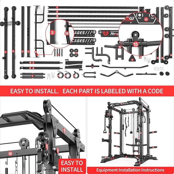 Power Cages Multi-Purpose Squat Rack with Cable Crossover System, Matching Weight Bench, Olympic Barbell Weight Set for Garage and Home Gyms