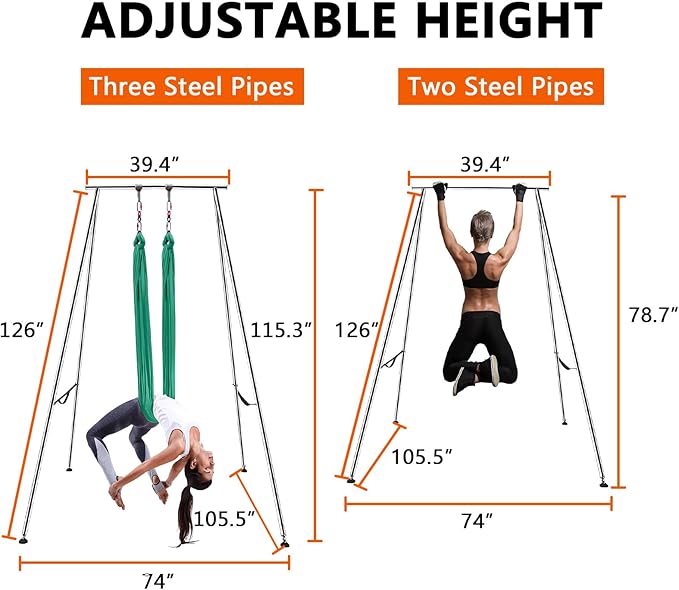TECSPEC 9.6 FT/115.3 Inch Adjustable Height Aerial Yoga Frame & Hammock, Professional Swing Stand with 18 FT/33FT Aerial Silk, 550lbs Max Capacity