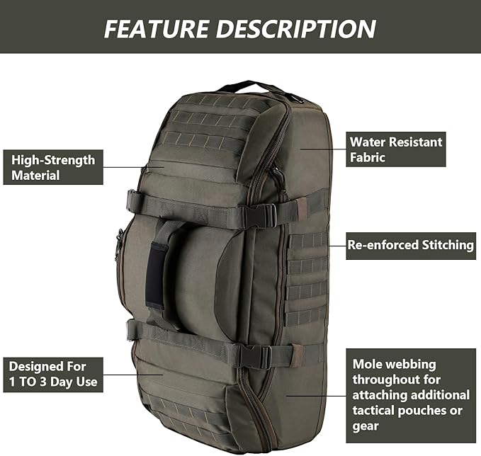 55L Large Duffle Bag, 3-in-1 Tactical Backpack MOLLE Pack for Sports, Gym, Outdoor, Olive Green