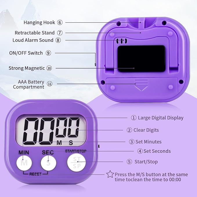2 Pack Pack Digital Kitchen Timer Magnetic Digital Timer with Big Display Loud Ring Cooking Timers for Cooking, Game, Gym, Break Time, Classroom (2, Blue, Purple)