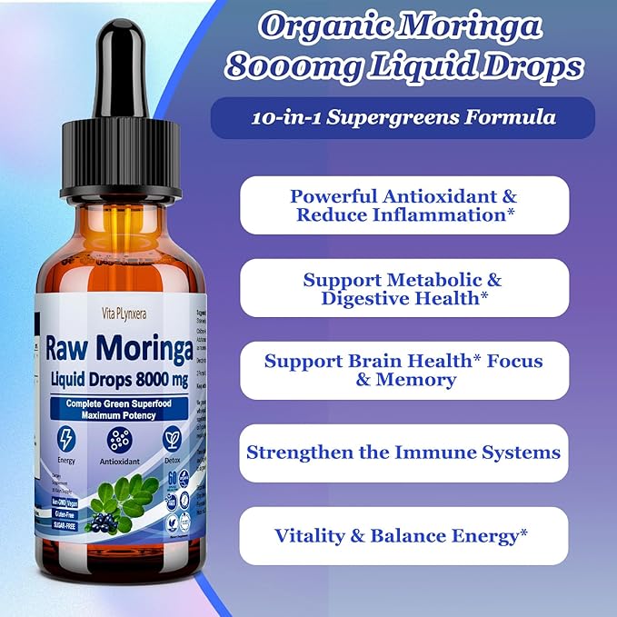 2 Pack Raw Moringa Liquid Drops 8000 mg, Organic Moringa Oleifera Leaf Extract w. Supergreens Wheatgrass, Barley Grass for Antioxidant, Energy & Immune, High Potency Than Capsules Powder