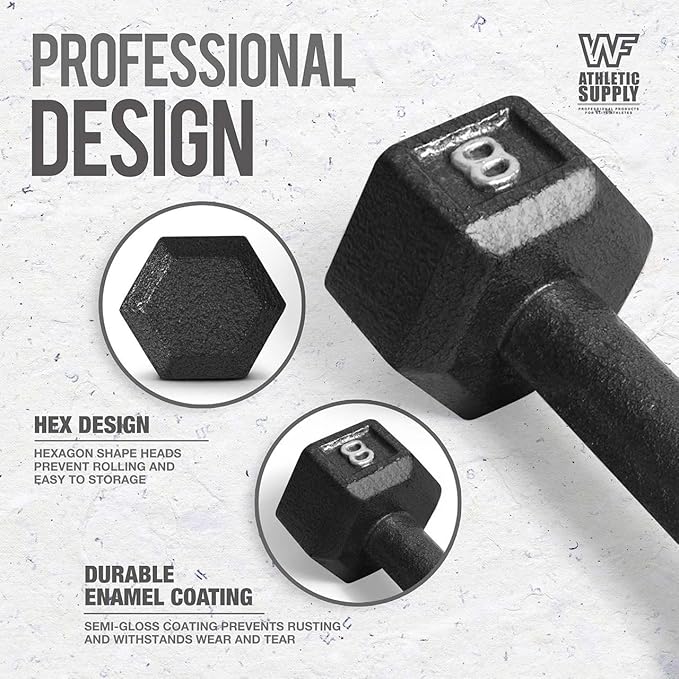 WF Athletic Supply Cast Iron Solid Hexagon Gray/Black Dumbbells, Strength Training Free Weights Set of 2 for Women and Men, Hand Weights Sold by Pairs, Multi-Select Size Options Available