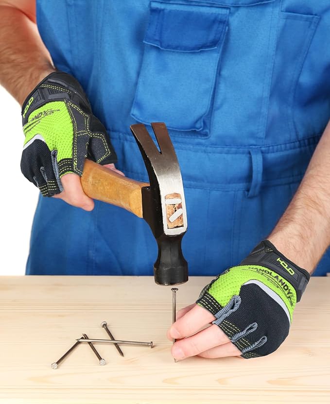 HANDLANDY Fingerless Work Gloves for Men Utility Padded Half Finger Driving Working Gloves (Large, Green)