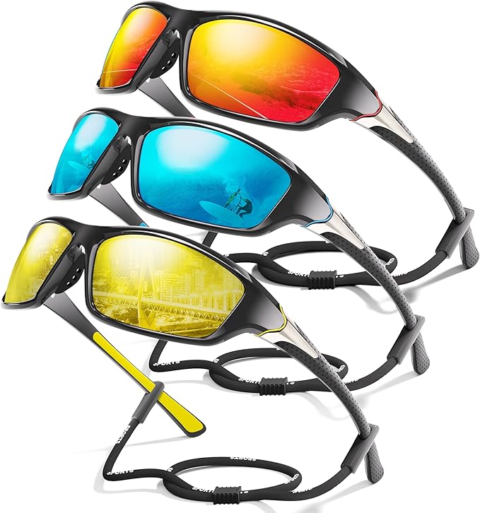 3 Pack Polarized Sports Sunglasses for Men, Mens Sunglasses Wrap Around UV400 Protection for Cycling Fishing Driving