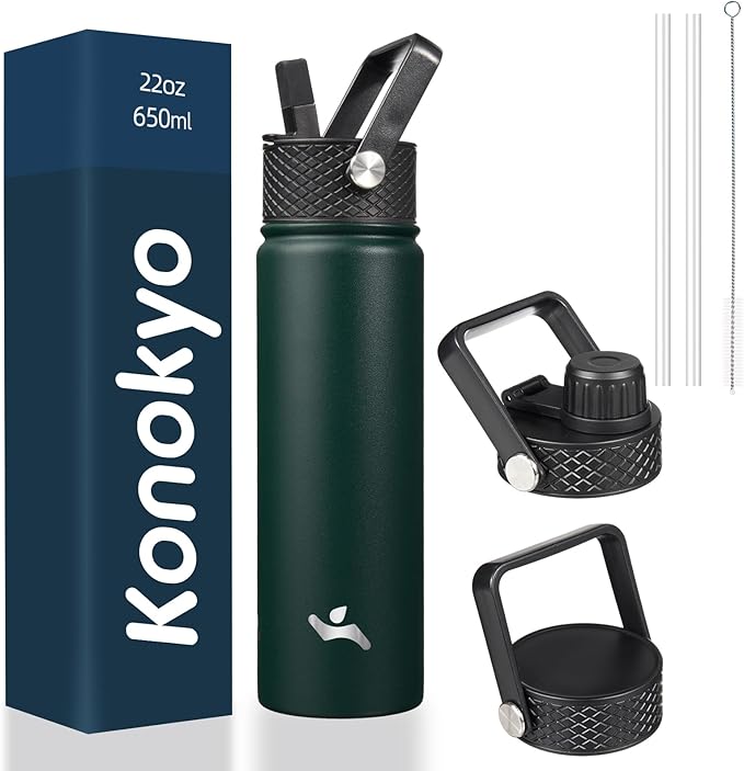 22oz Stainless Steel Bottles with 3 Lids Sport Insulated Water Bottle,Army Green