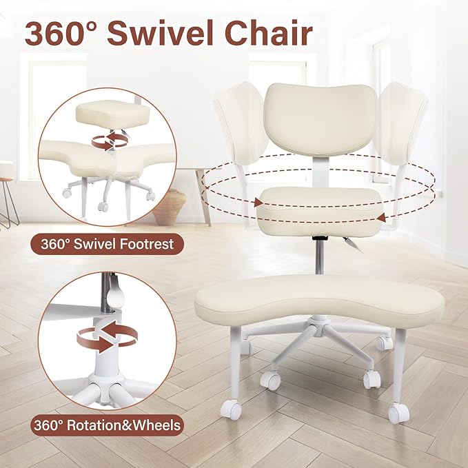 Meditation Chair Cross Legged ADHD Office Chair for Adults with Wheels Ergonomic Back Support and Leg Rest for Multi Position Criss Cross Sitting Kneeling and Yoga Height Adjustable, Leather Style