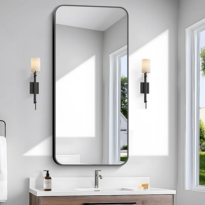 24x48 inch Bathroom Mirror,Black Rectangle Mirror,Wall Mounted Bathroom Frame Vanity Mirror with Round Corner for Bedroom Living Room, Entryway Hangs Horizontal or Vertical