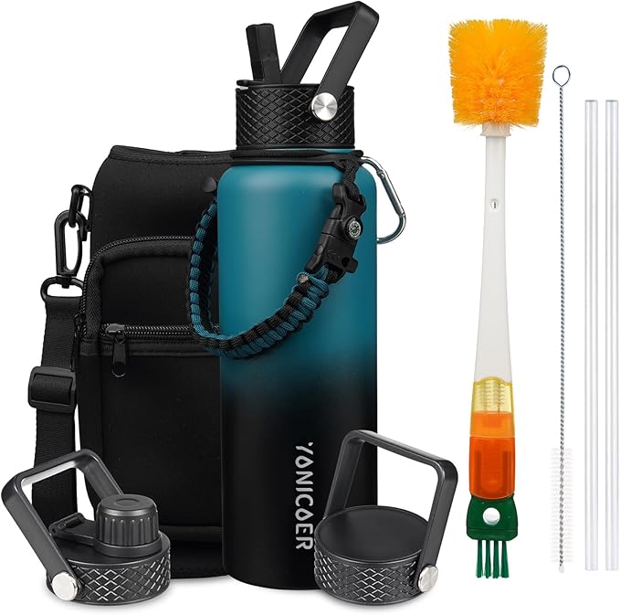 Insulated Water Bottle 64oz,Triple Wall Vacuum Stainless Steel(Dishwasher Safe),Leak Proof & Non-BPA,Flask Jug with Paracord Handle & Straw Spout Lids Sports
