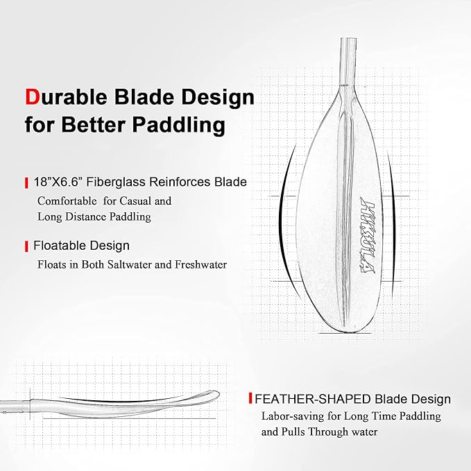 Kayak Paddle 4 Pieces Aluminum Shaft and PP Blade Floating 86.6in/220cm, 90.5inch/230cm Lightweight Oars