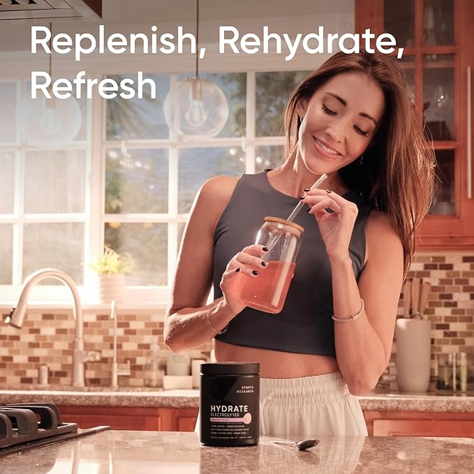 Sports Research® Hydrate Electrolytes Powder - Sugar-Free & Naturally Flavored with Vitamins, Minerals, and Coconut Water - Supports Hydration - Passion Fruit - 90 Servings