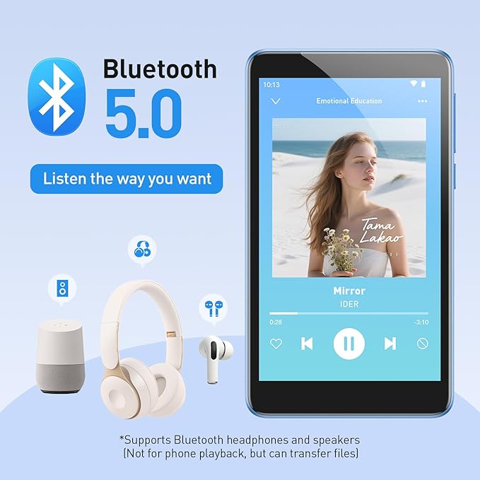 AGPTEK 96GB MP3 Player with Bluetooth and WiFi, T08X 4'' Android 14 MP4 Music Player with Spotify, Audible, APP Store, Up to 1TB, Blue