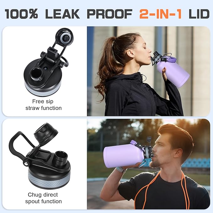 Insulated Water Bottle 64 oz, Half Gallon Water Jug Cold 48H, BPA Free Stainless Steel Bottles with Straw/Chug 2-in-1 Lid, Bag, Paracord Handle, Silicone Boot, Sports Gym School Metal Flask