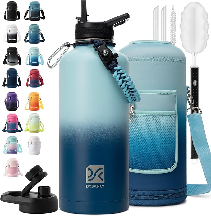 Insulated Water Bottle | Thickened Stainless Steel for Gym and Hiking with Straw, Carrier Bag, Handle Strap | BPA-Free 87 oz