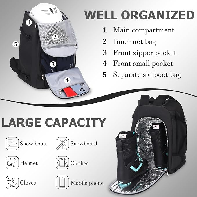 JIANYA Ski Boot Bag, 50L Waterproof Travel Backpack for Snowboard, Ski Helmet, Goggles, Gloves & Accessories, Gray