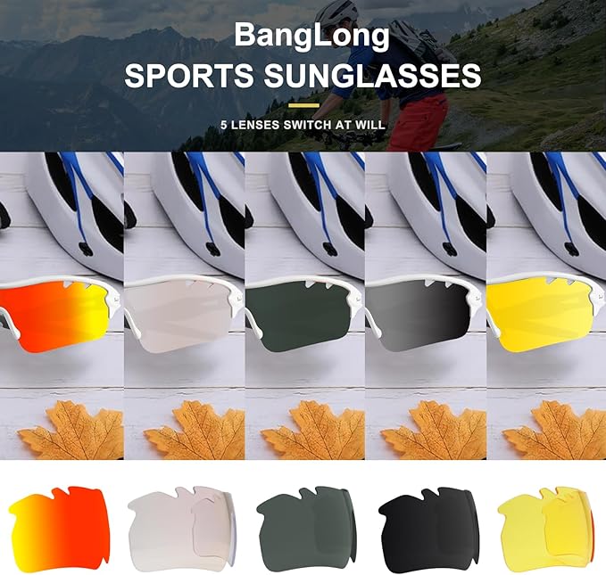 BangLong Polarized Sports Sunglasses Cycling Sun Glasses for Men Women with 5 Interchangeable Lenes for Running Baseball Golf
